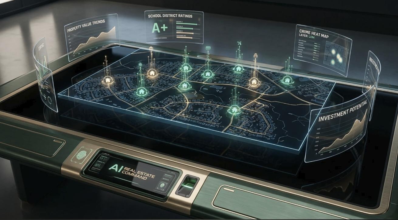 Holographic AI real estate command table showing property value trends, school district ratings, a crime heat map and investment potential over a neighborhood map