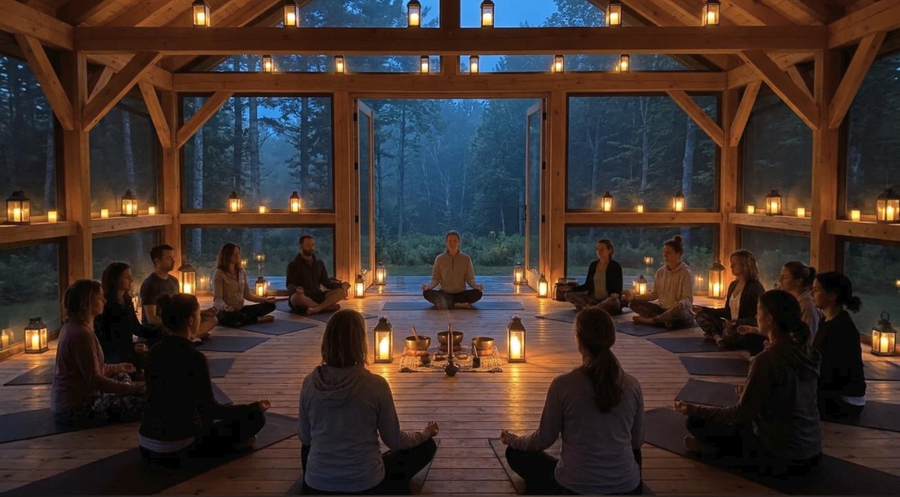 Group seated in a circle for an evening ceremony in a lantern-lit timber pavilion at dusk