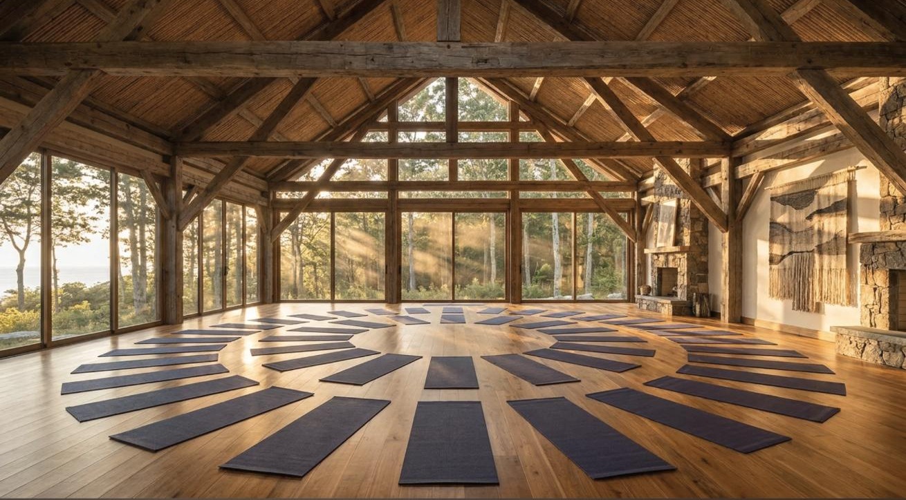 Interior of a timber-frame ceremonial hall with mats arranged in a circle and forest light through tall windows
