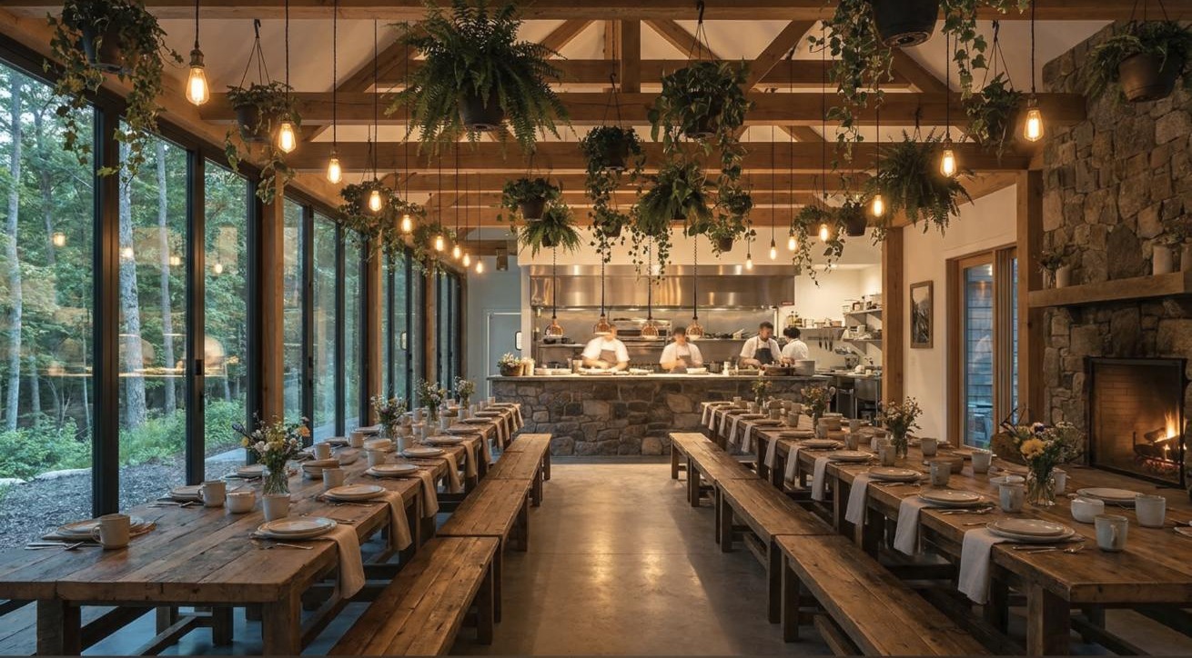 Retreat dining hall with long reclaimed-wood communal tables, hanging plants and an open commercial kitchen