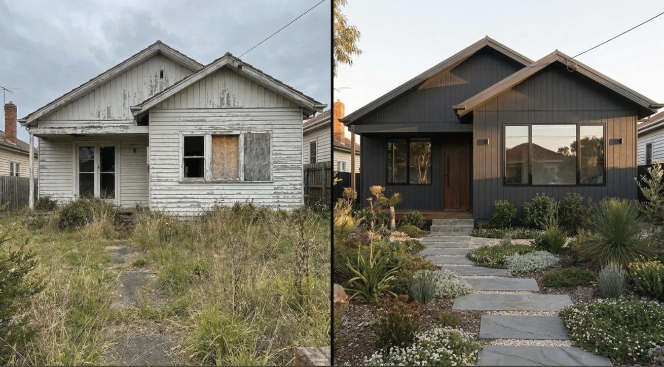 Split view of the same house before renovation with peeling paint and overgrown yard, and after renovation with dark siding, timber door and new landscaping