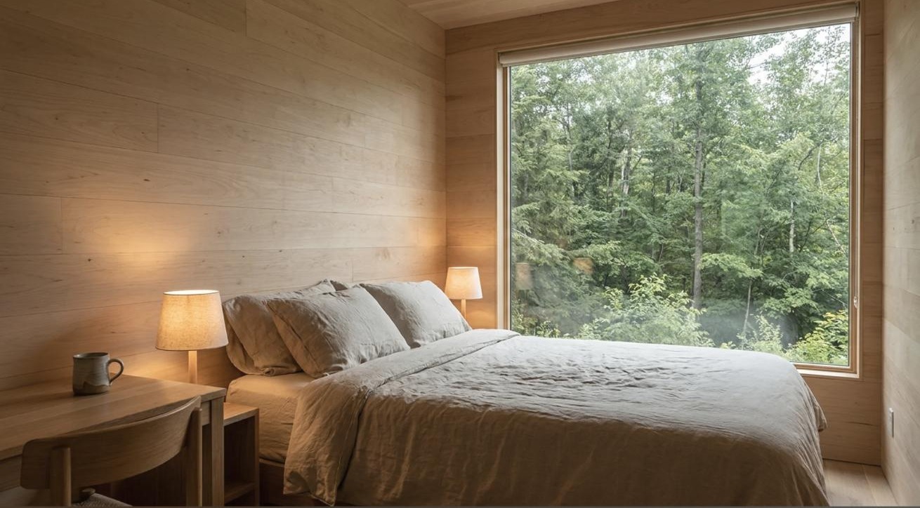 Minimal wood-panelled cabin bedroom with linen bedding and a large window looking into the forest